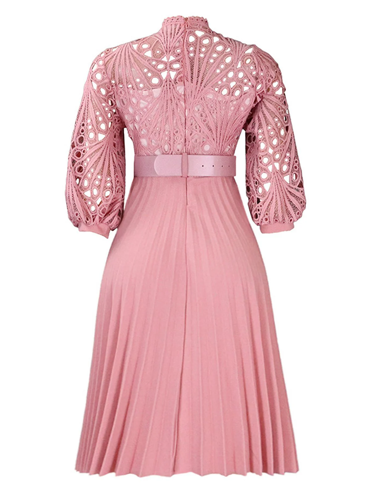 1960s Solid Lace Crochet Pleated Belted Dress - Image 14
