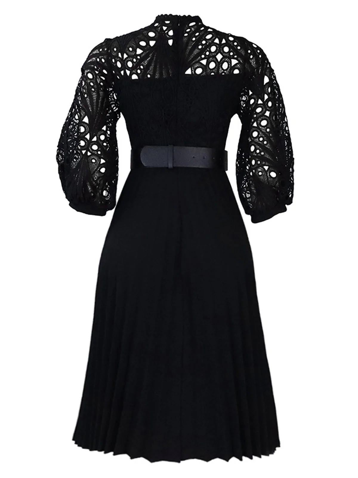 1960s Solid Lace Crochet Pleated Belted Dress - Image 3