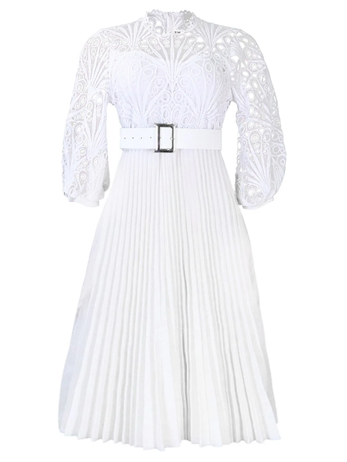 1960s Solid Lace Crochet Pleated Belted Dress - Image 6