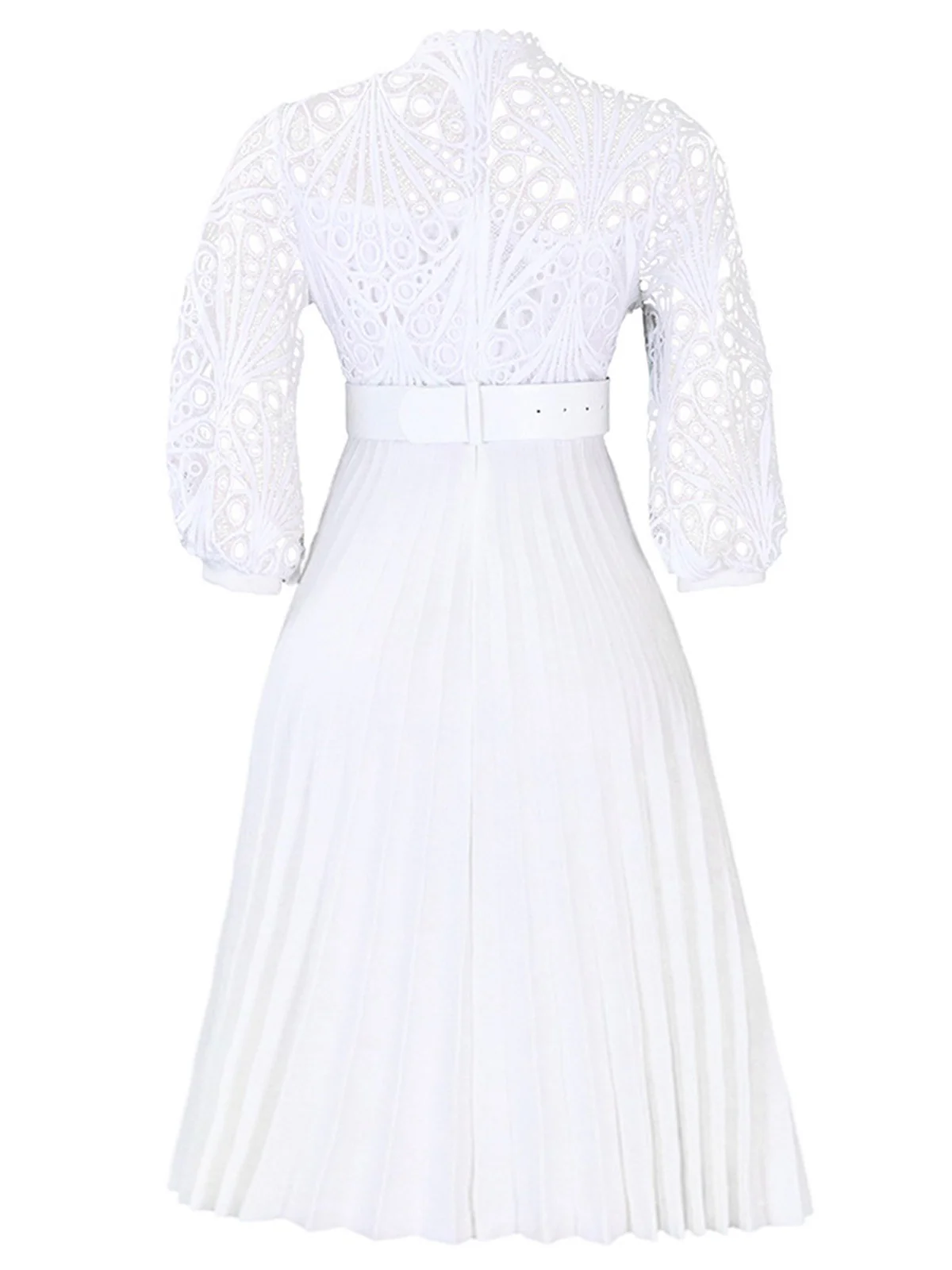 1960s Solid Lace Crochet Pleated Belted Dress - Image 8