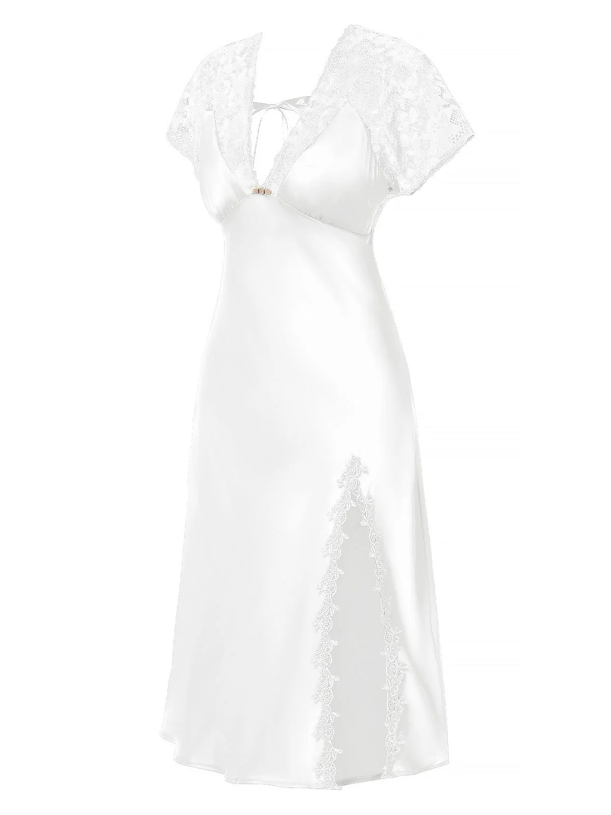 1960s Solid Lace Satin Patchwork V-neck Side-Slit Nightgown - Image 10