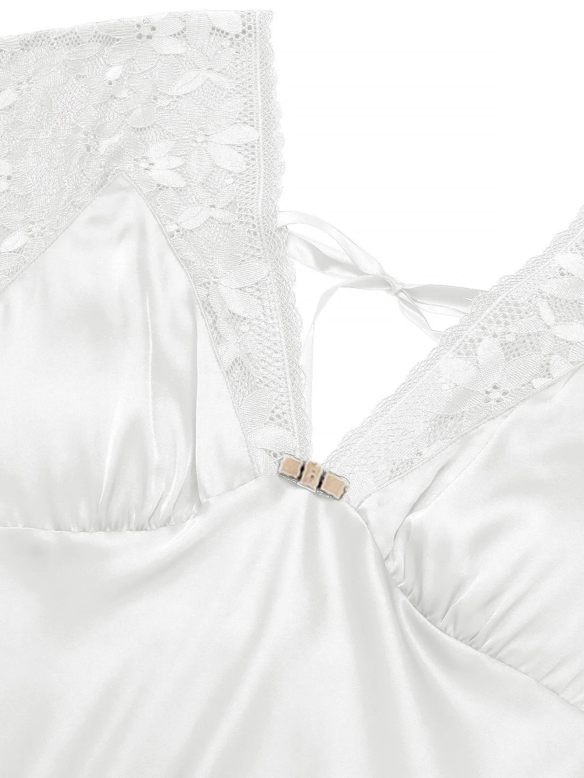 1960s Solid Lace Satin Patchwork V-neck Side-Slit Nightgown - Image 12