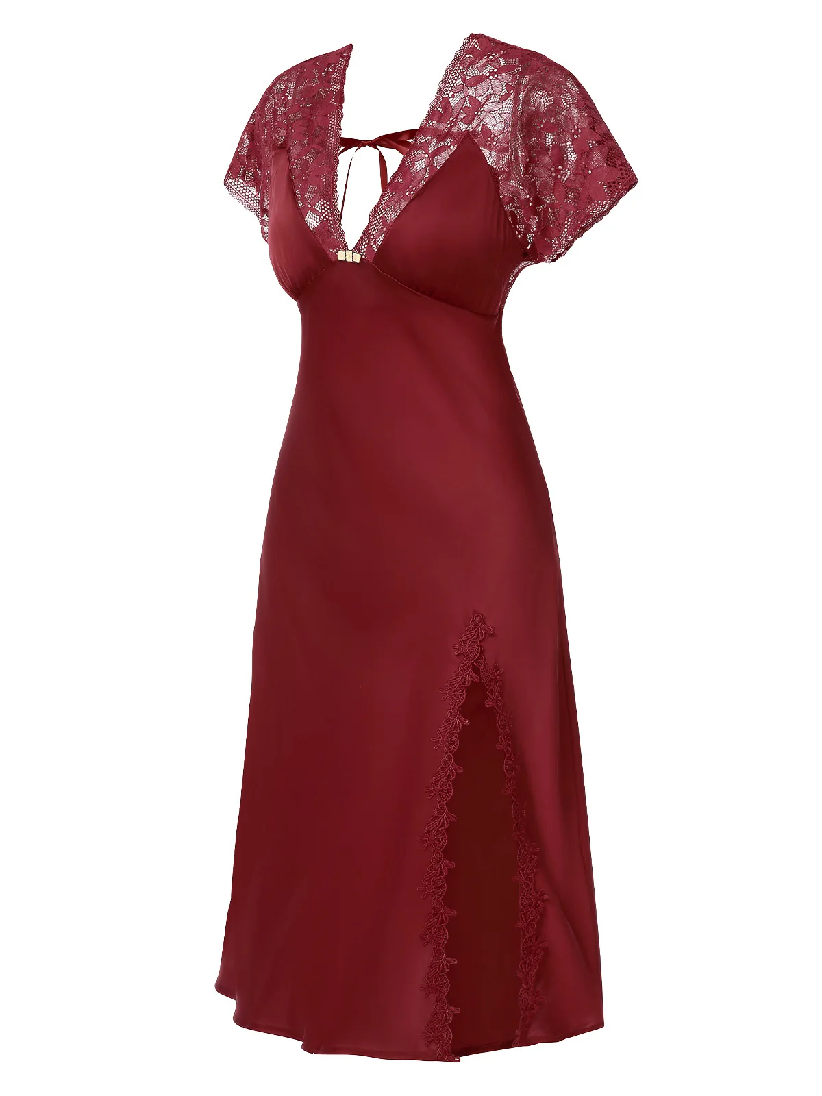 1960s Solid Lace Satin Patchwork V-neck Side-Slit Nightgown - Image 2