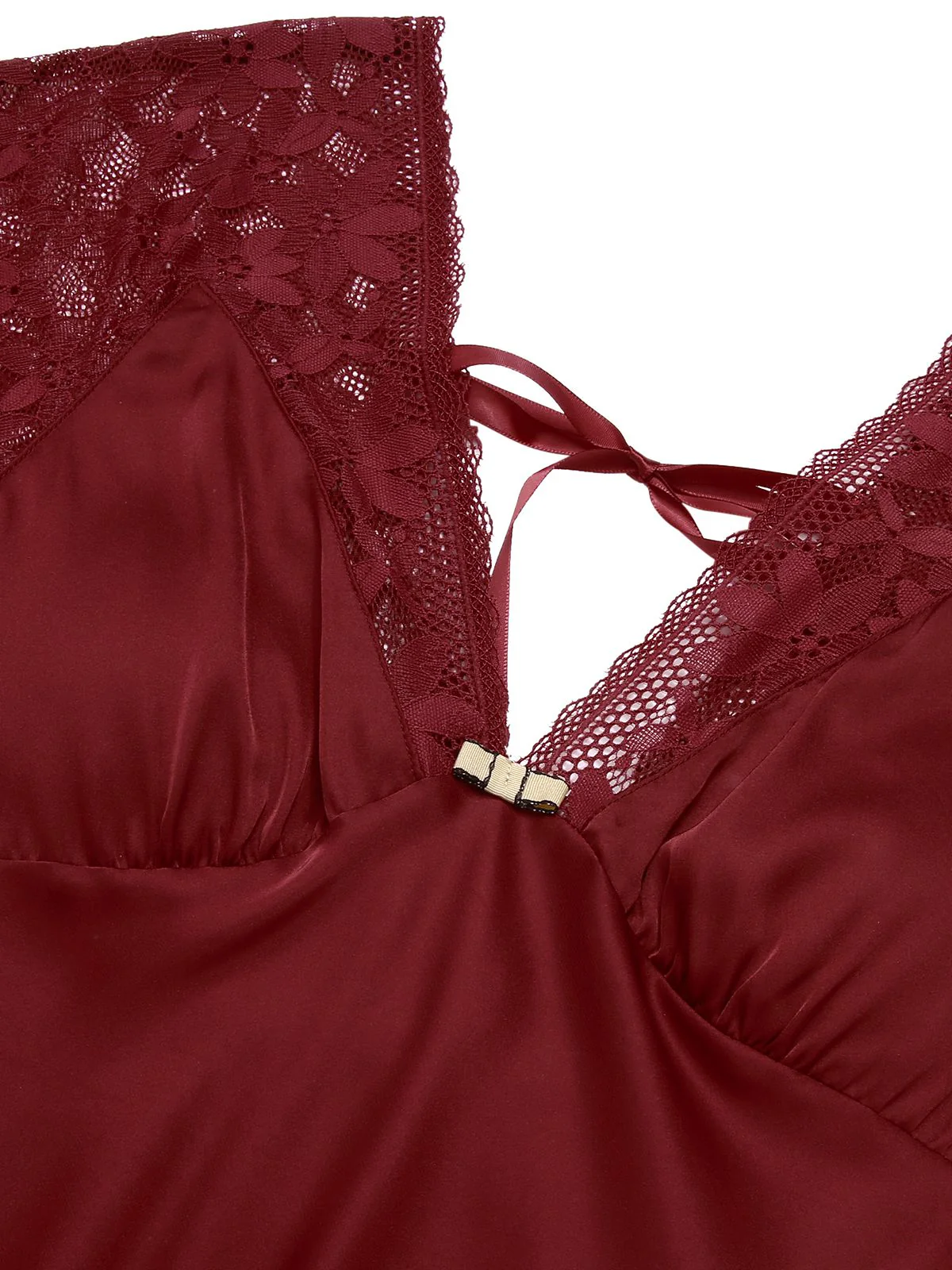 1960s Solid Lace Satin Patchwork V-neck Side-Slit Nightgown - Image 4