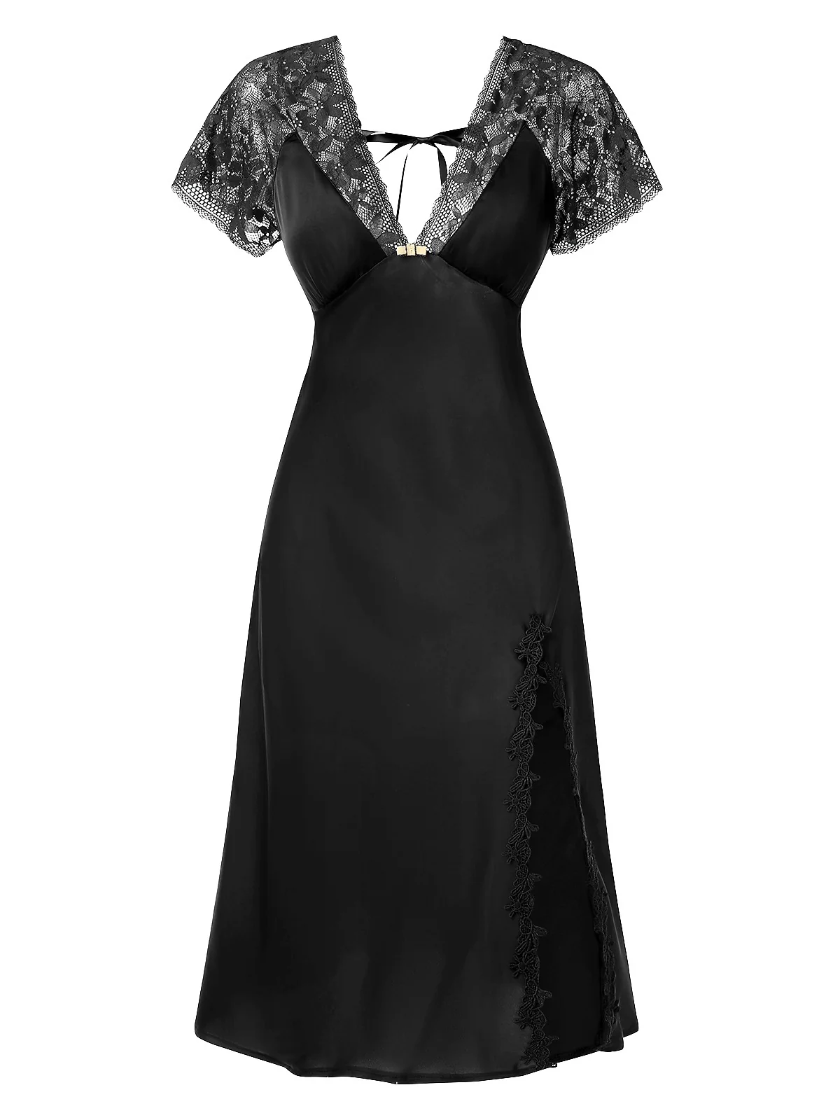 1960s Solid Lace Satin Patchwork V-neck Side-Slit Nightgown - Image 5