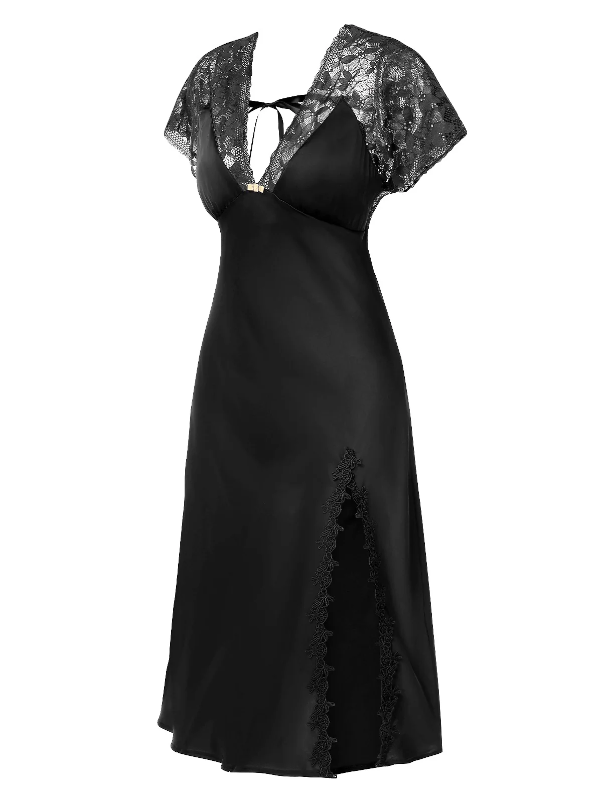 1960s Solid Lace Satin Patchwork V-neck Side-Slit Nightgown - Image 6