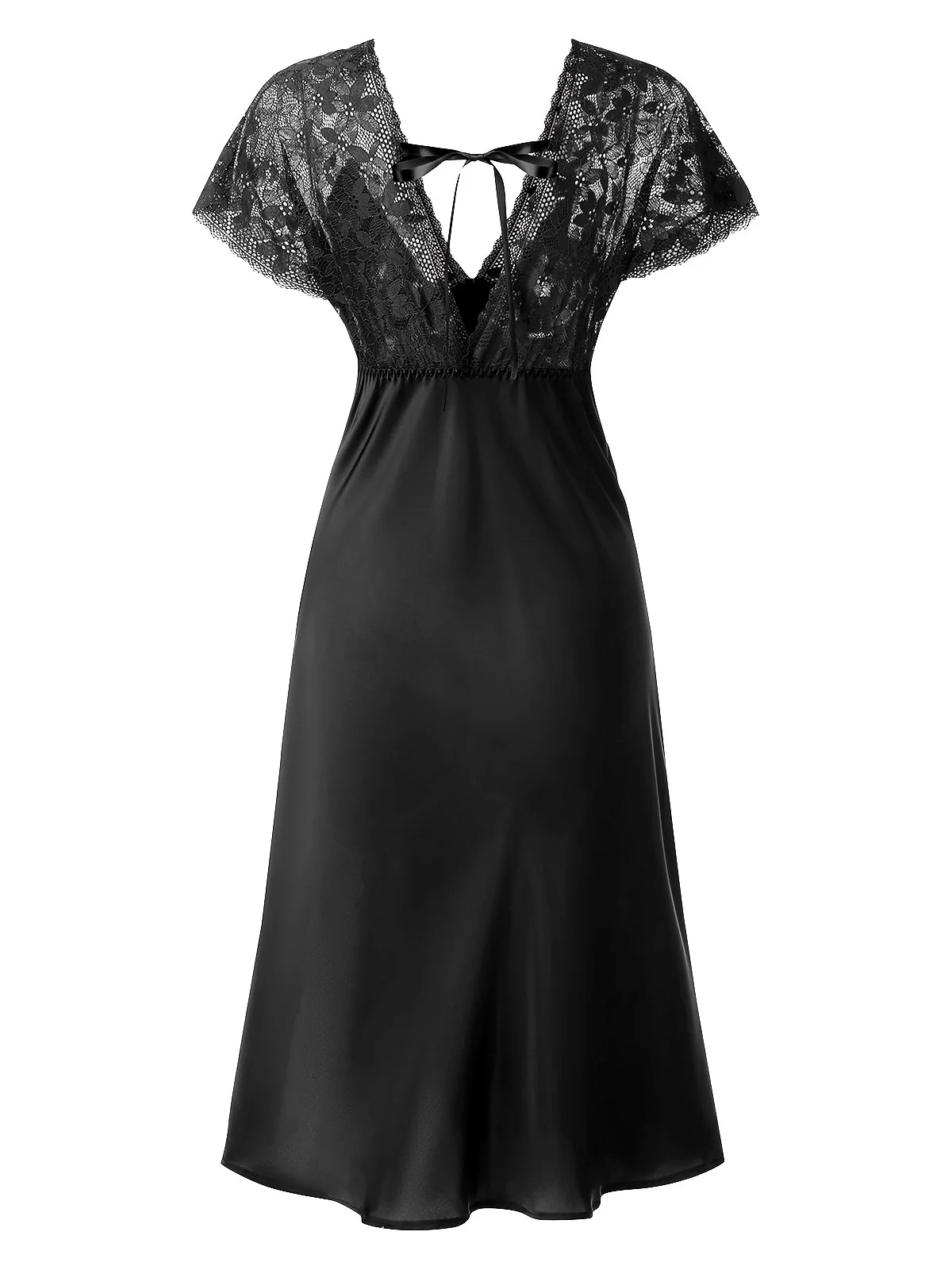 1960s Solid Lace Satin Patchwork V-neck Side-Slit Nightgown - Image 7