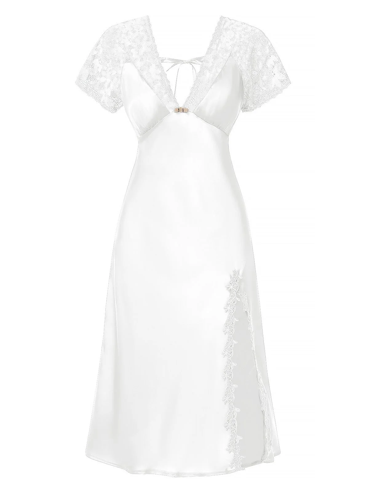 1960s Solid Lace Satin Patchwork V-neck Side-Slit Nightgown - Image 9