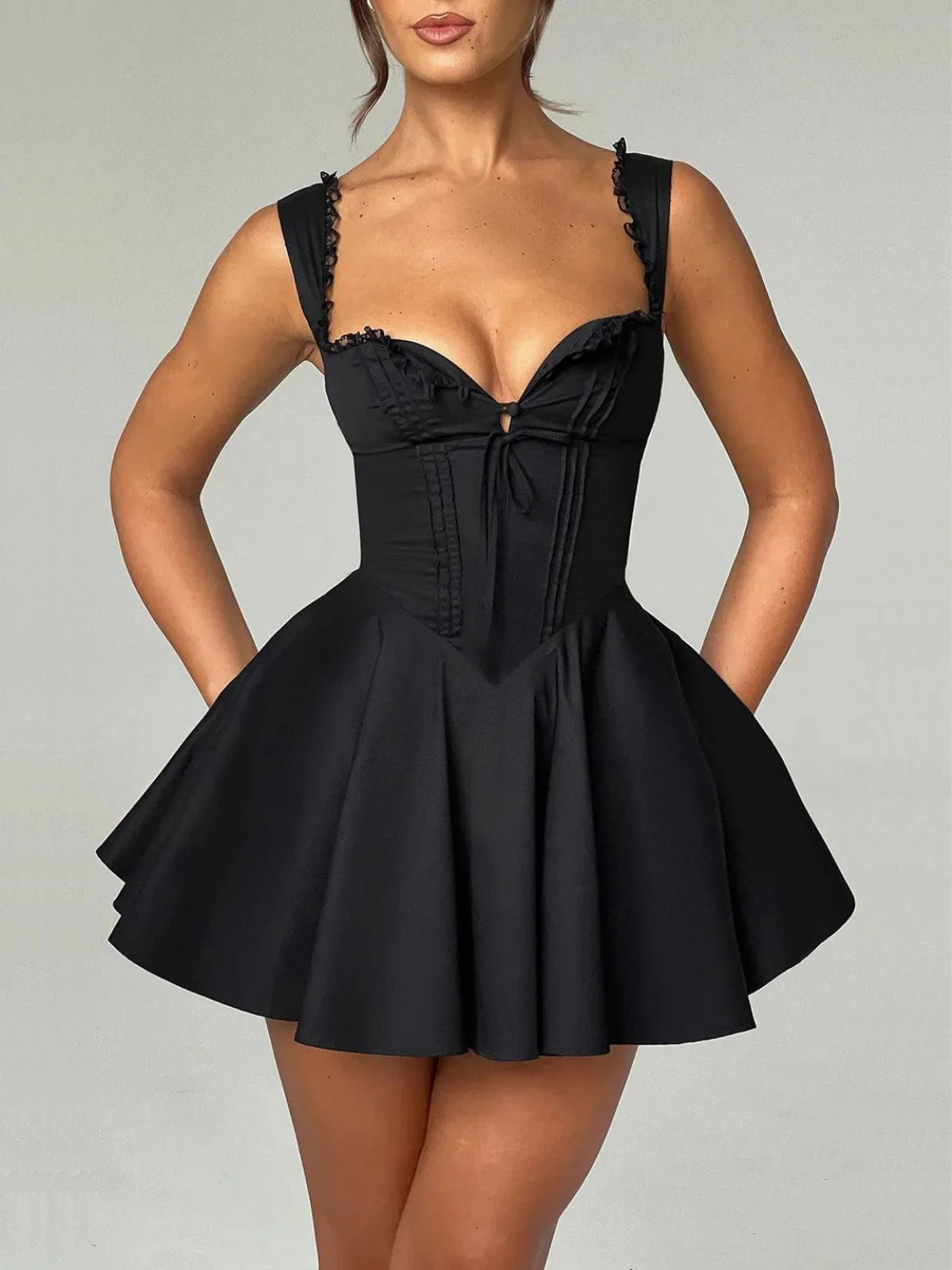1960s Solid Lace Straps Lace-Up Skater Dress - Image 10