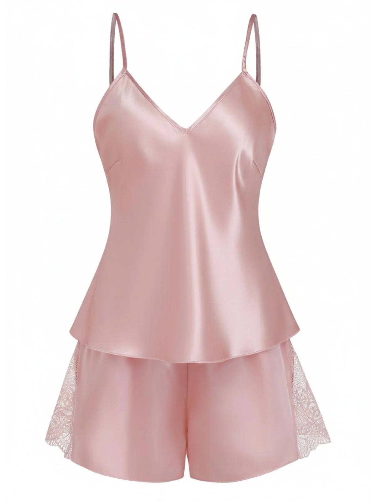 1960s Solid Lace Trim Satin Cami Patchwork Pajama Set - Image 2
