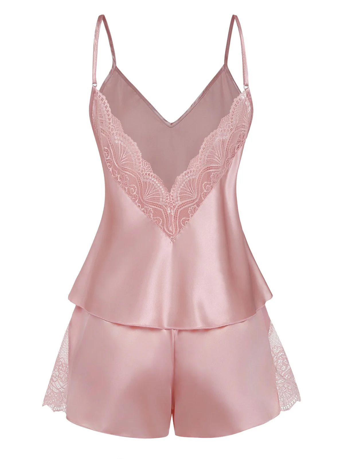 1960s Solid Lace Trim Satin Cami Patchwork Pajama Set - Image 3