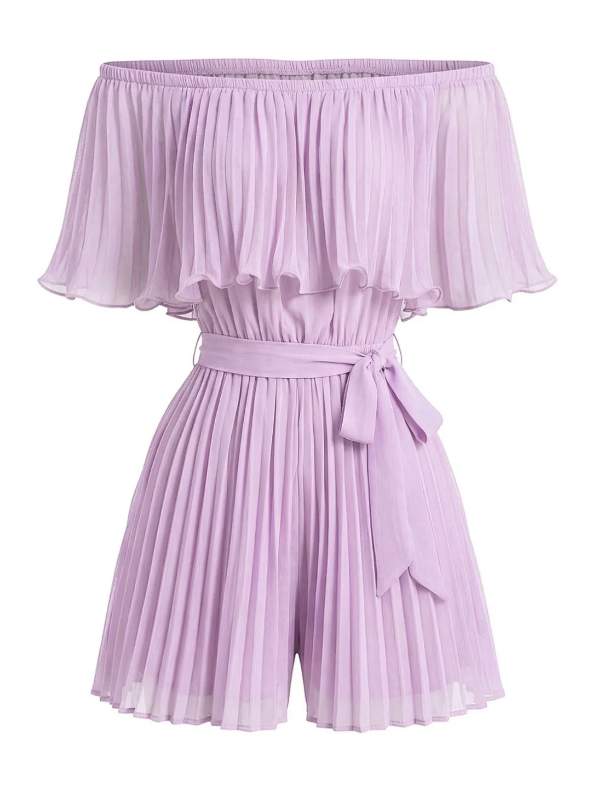 1960s Solid Off-Shoulder Pleated Waist Tie Romper - Image 3