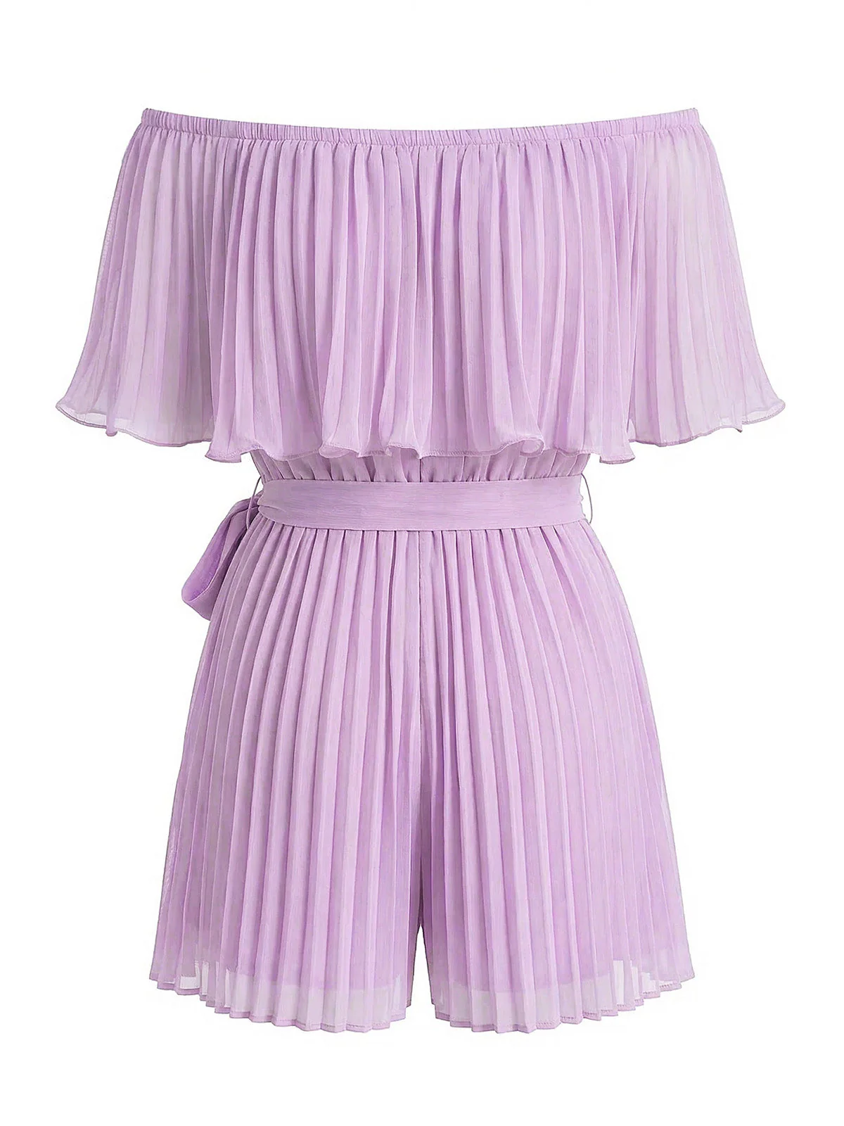 1960s Solid Off-Shoulder Pleated Waist Tie Romper - Image 4