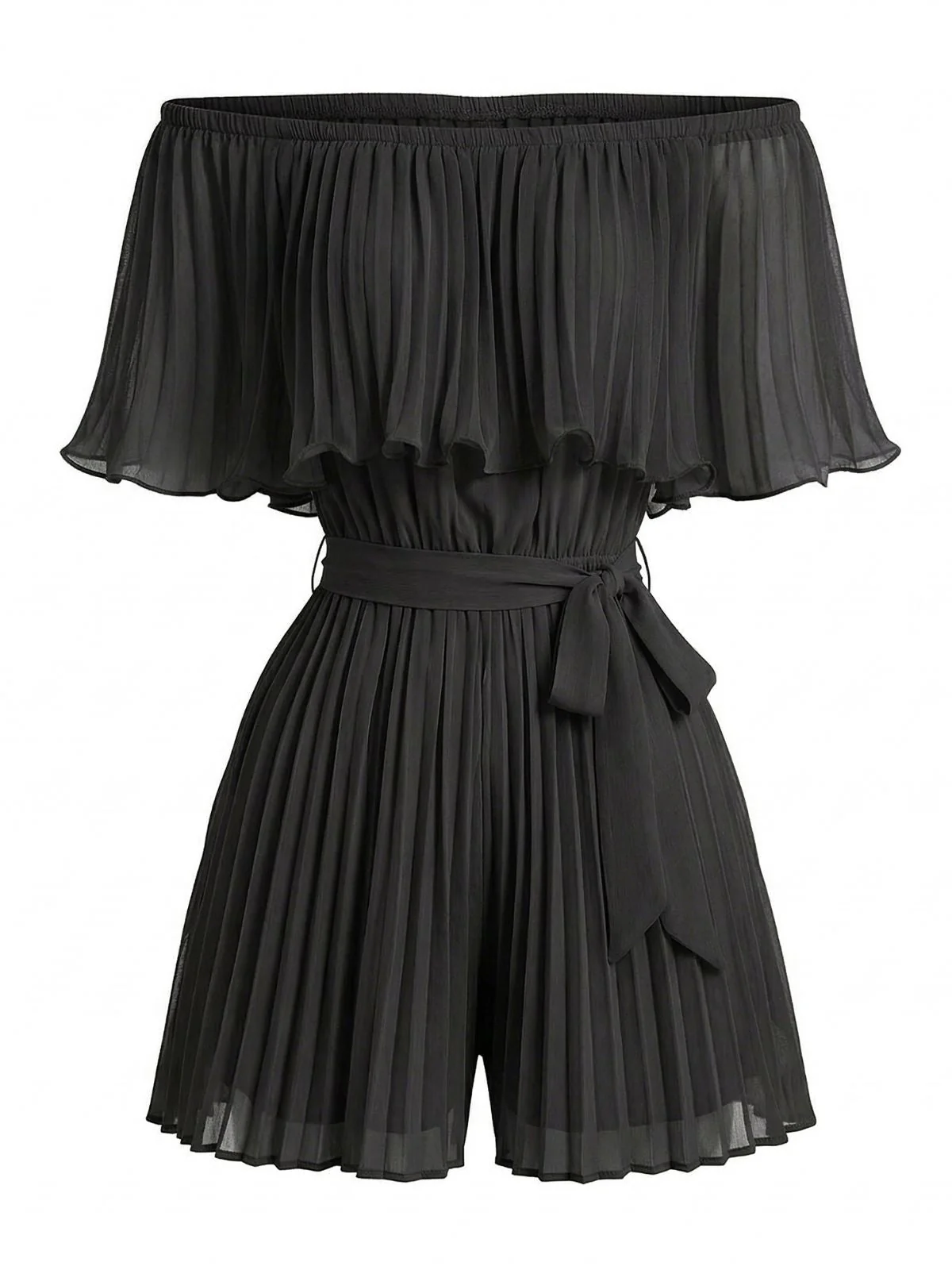 1960s Solid Off-Shoulder Pleated Waist Tie Romper - Image 5