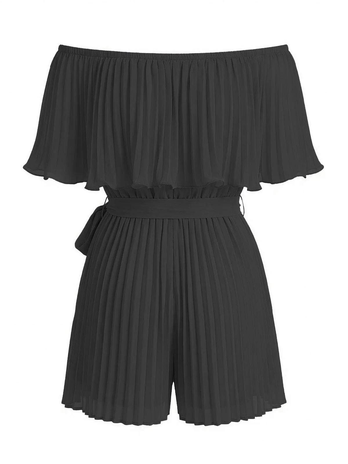 1960s Solid Off-Shoulder Pleated Waist Tie Romper - Image 7