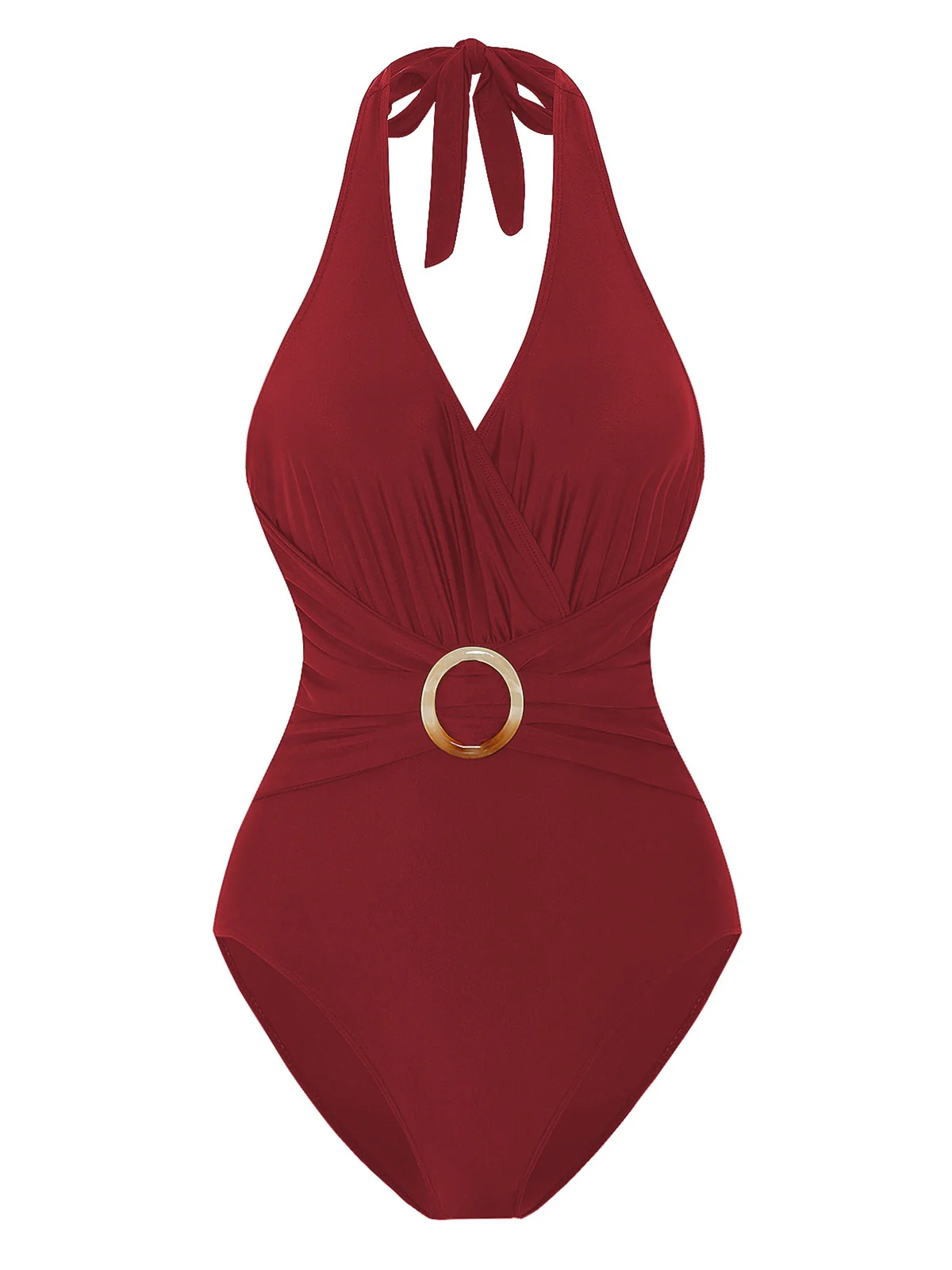1960s Solid Ring Belt Halter Swimsuit - Image 4