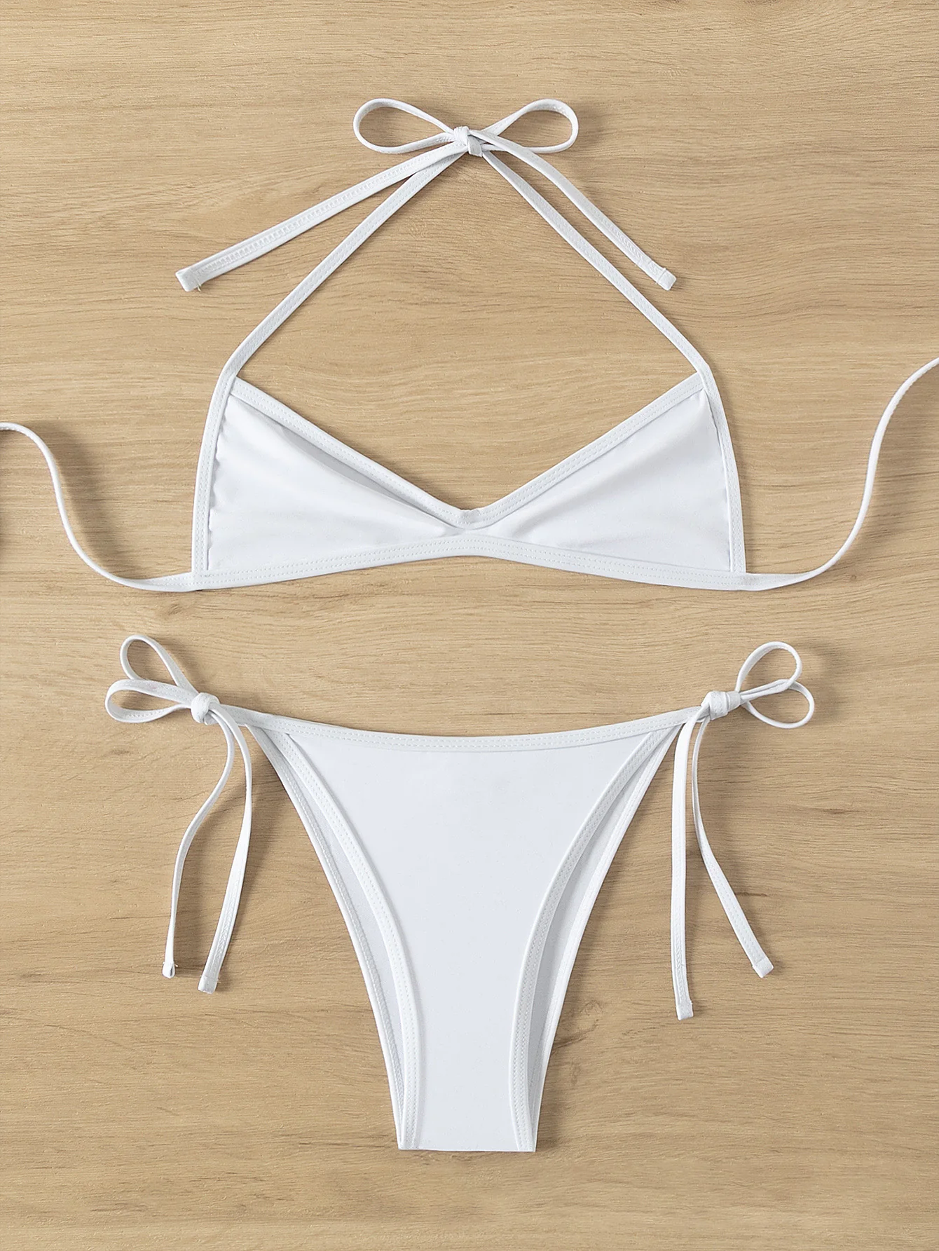 1960s Solid Ruched Halter Lace-Up Bikini Set - Image 5