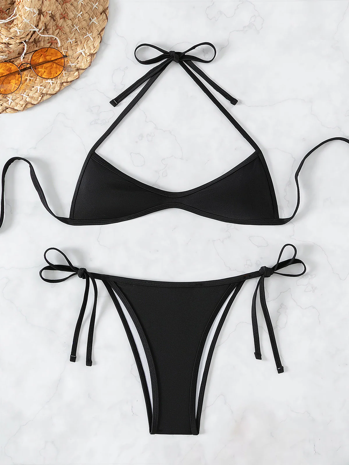 1960s Solid Ruched Halter Lace-Up Bikini Set - Image 6