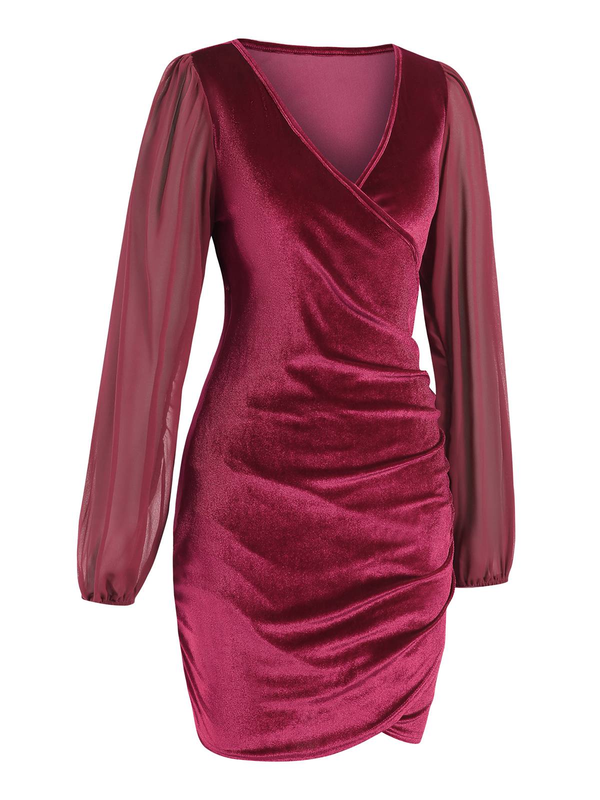 1960s Solid Sheer Sleeves V-Neck Velvet Dress - Image 2