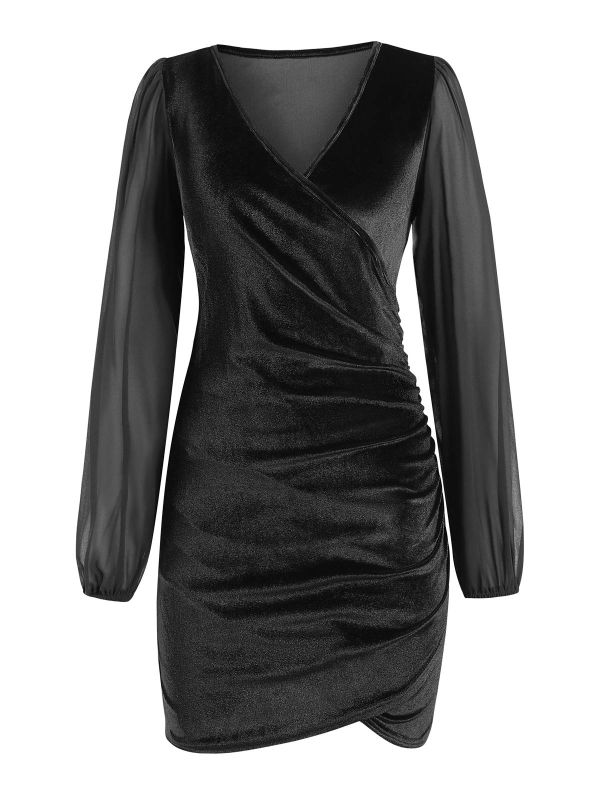 1960s Solid Sheer Sleeves V-Neck Velvet Dress - Image 5