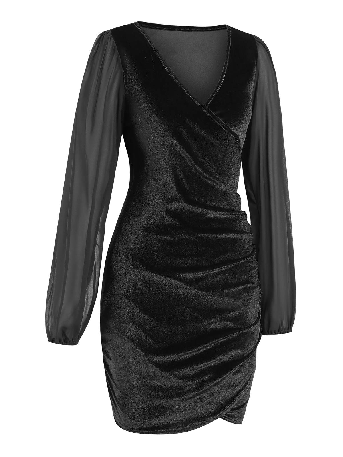 1960s Solid Sheer Sleeves V-Neck Velvet Dress - Image 6