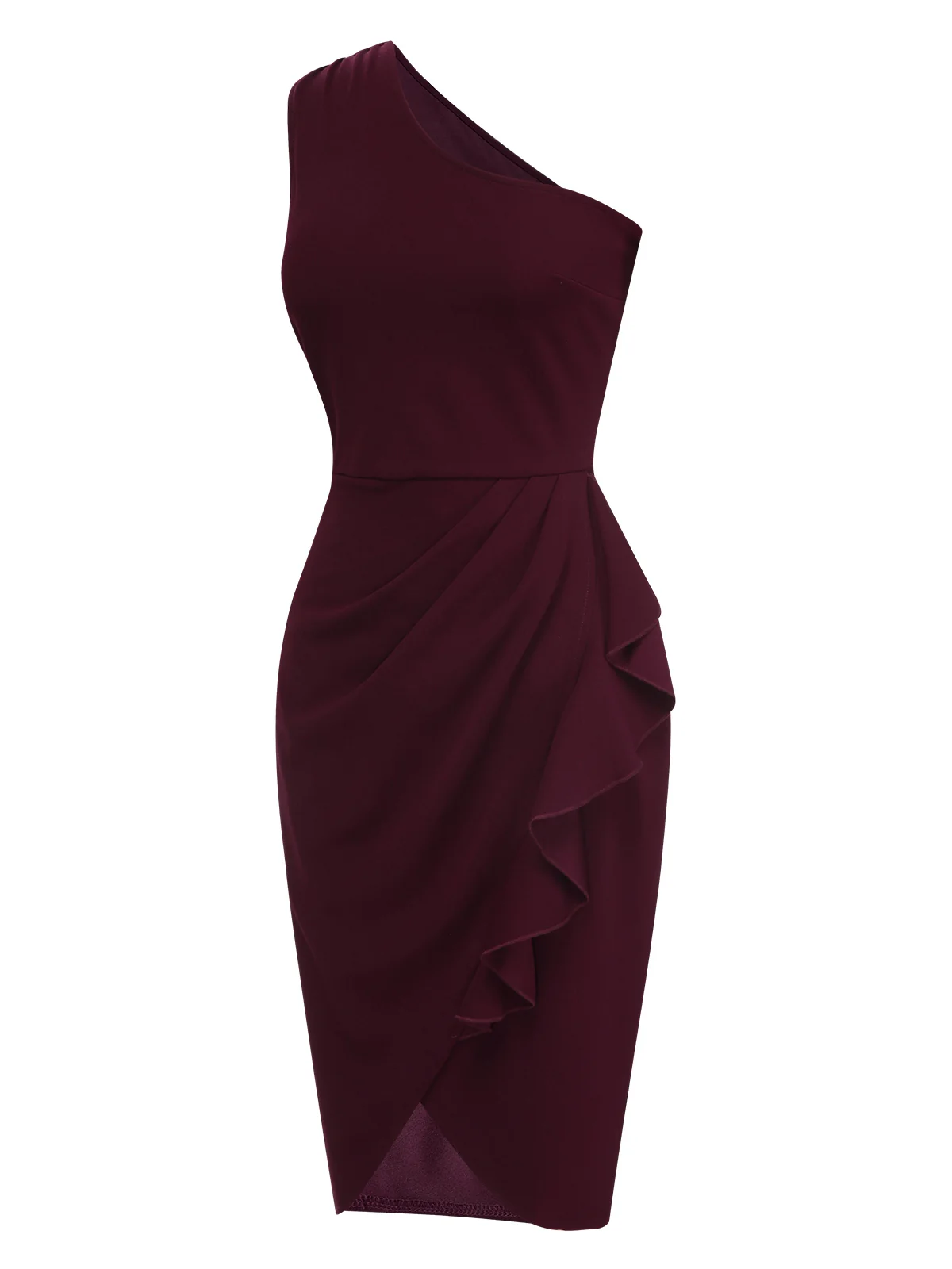 1960s Solid Tulip Hem Ruffle One-Shoulder Dress - Image 2