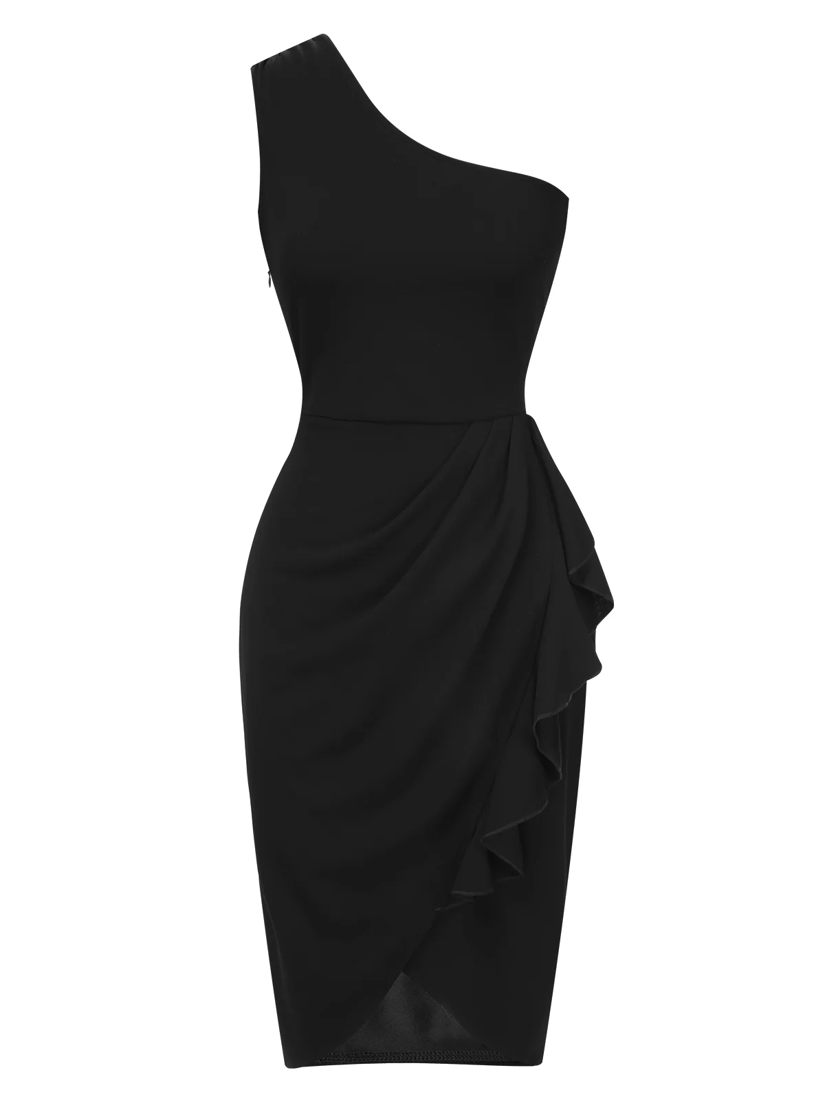 1960s Solid Tulip Hem Ruffle One-Shoulder Dress - Image 5
