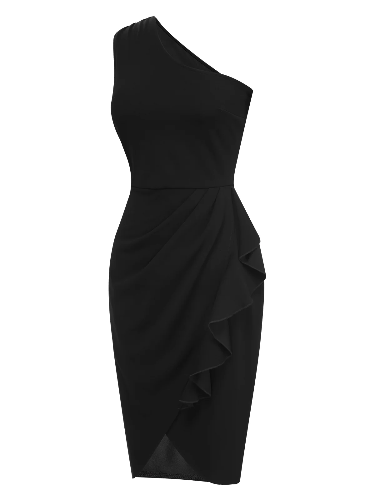 1960s Solid Tulip Hem Ruffle One-Shoulder Dress - Image 6