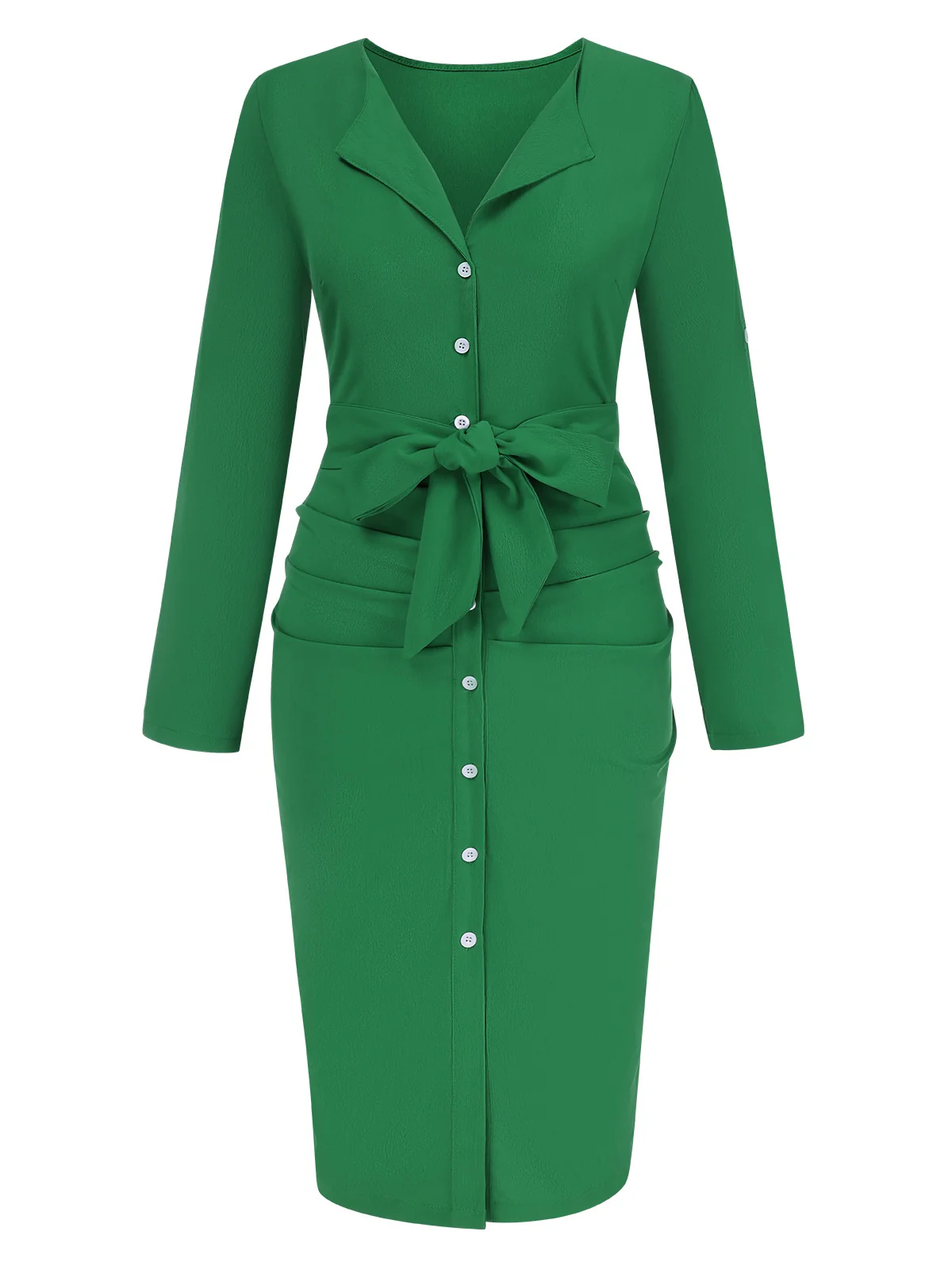 1960s Solid V-Neck Pleated Button Dress - Image 10