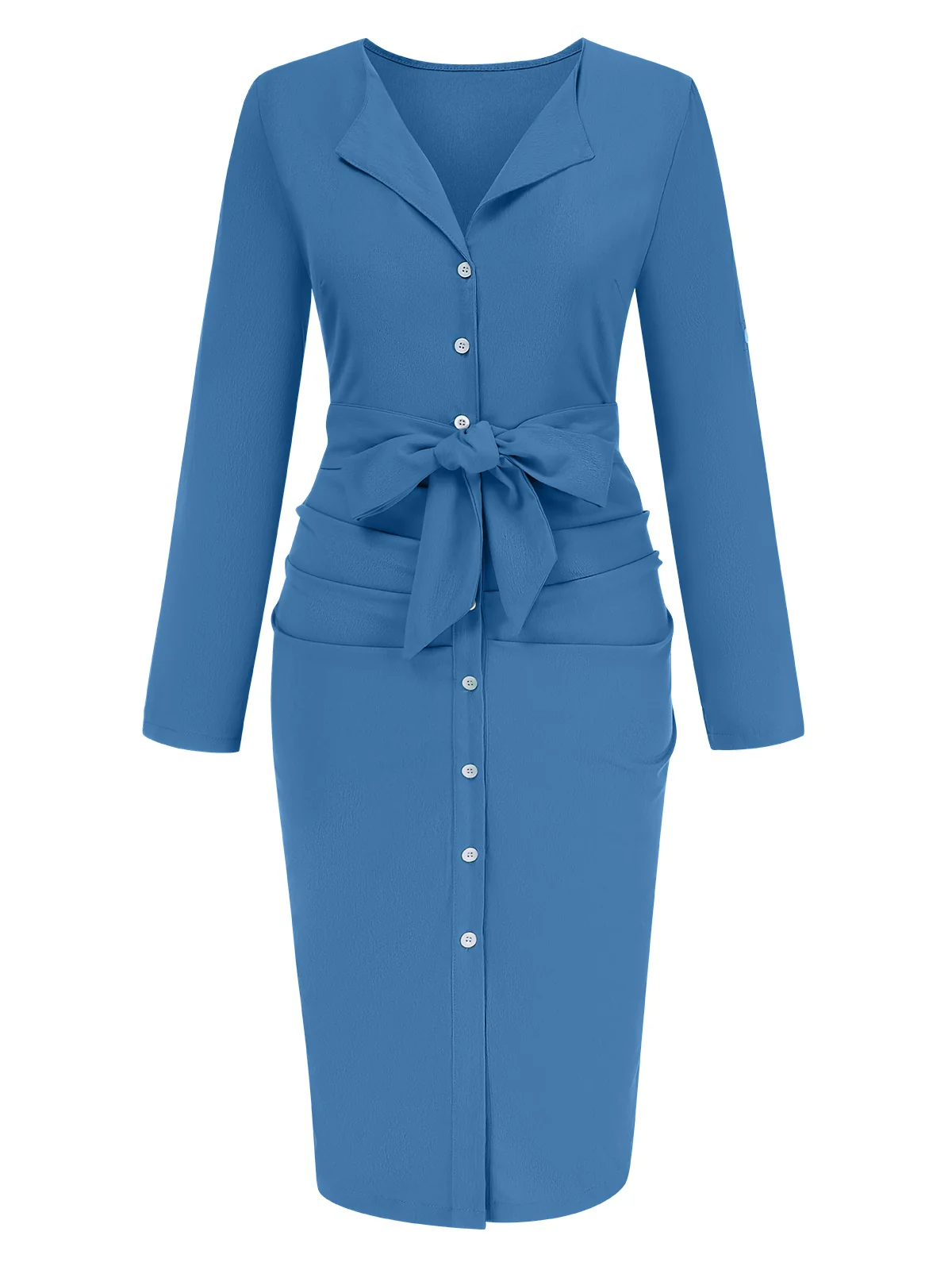 1960s Solid V-Neck Pleated Button Dress - Image 13