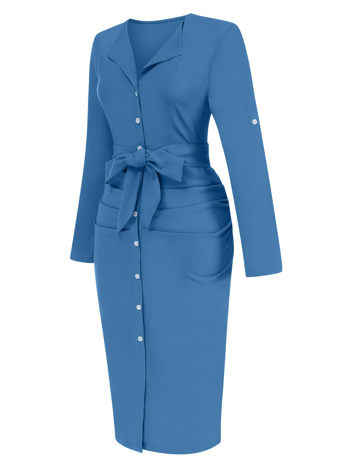 1960s Solid V-Neck Pleated Button Dress - Image 14