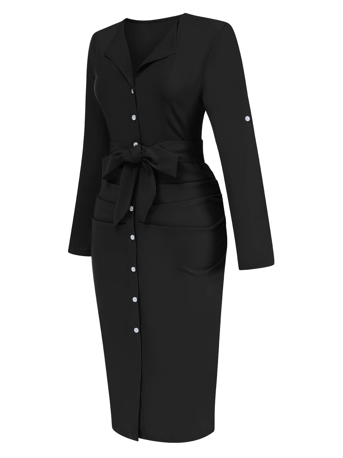 1960s Solid V-Neck Pleated Button Dress - Image 2