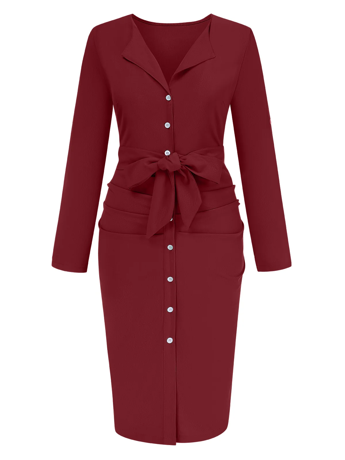1960s Solid V-Neck Pleated Button Dress - Image 5