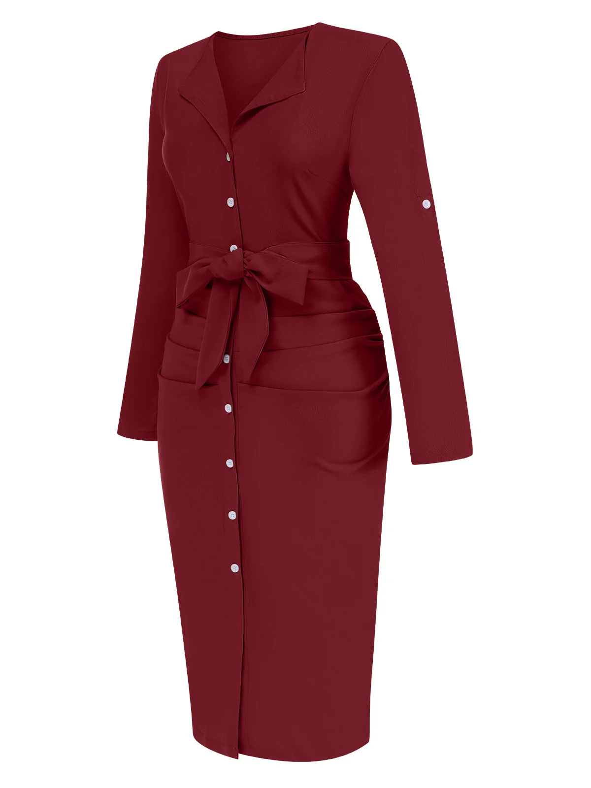 1960s Solid V-Neck Pleated Button Dress - Image 6