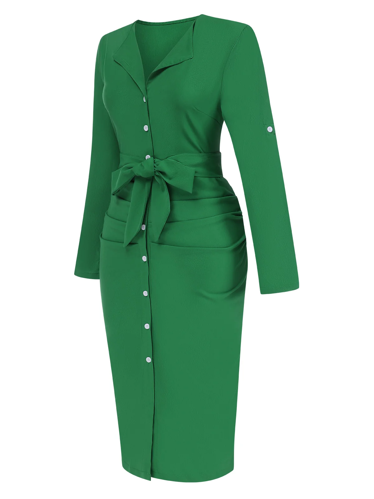 1960s Solid V-Neck Pleated Button Dress - Image 9