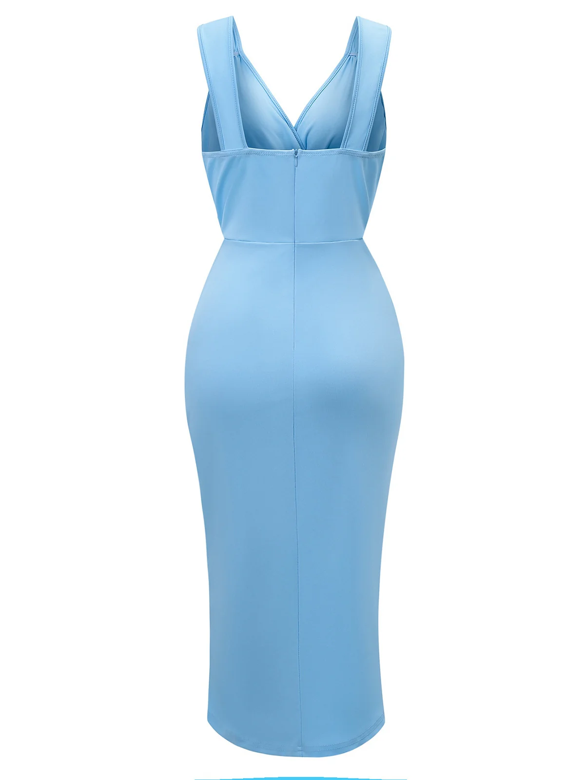 1960s Solid V-Neck Side Slit Bodycon Dress - Image 2