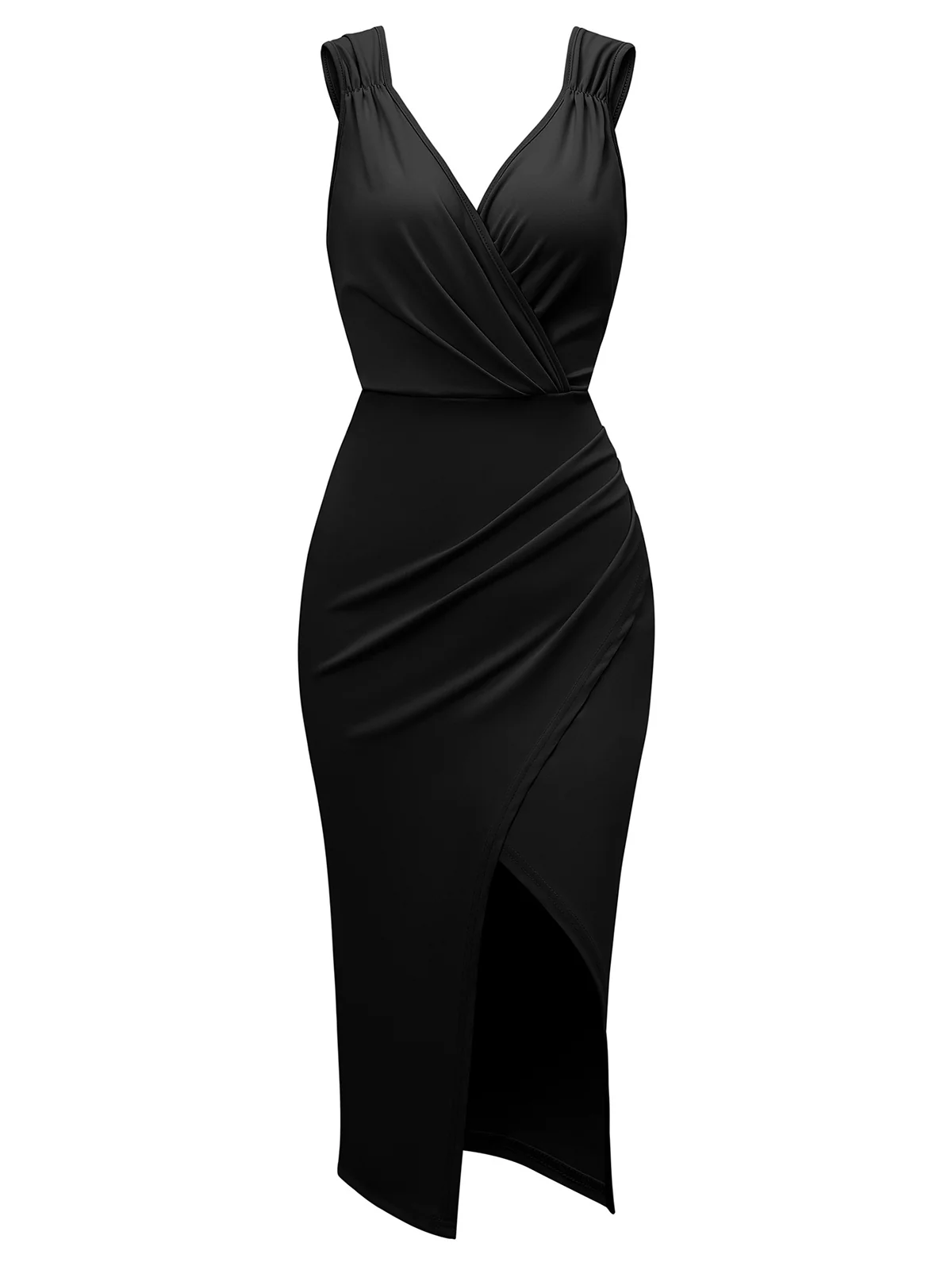 1960s Solid V-Neck Side Slit Bodycon Dress - Image 4