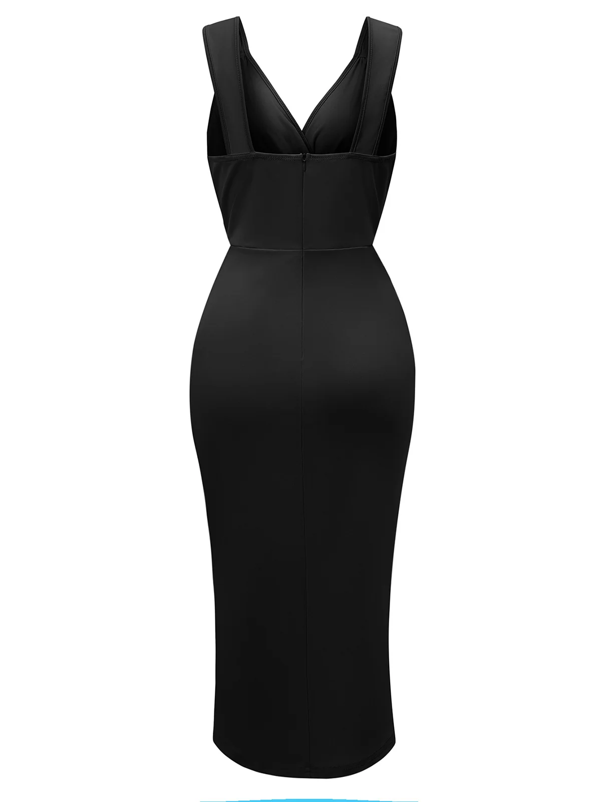 1960s Solid V-Neck Side Slit Bodycon Dress - Image 5