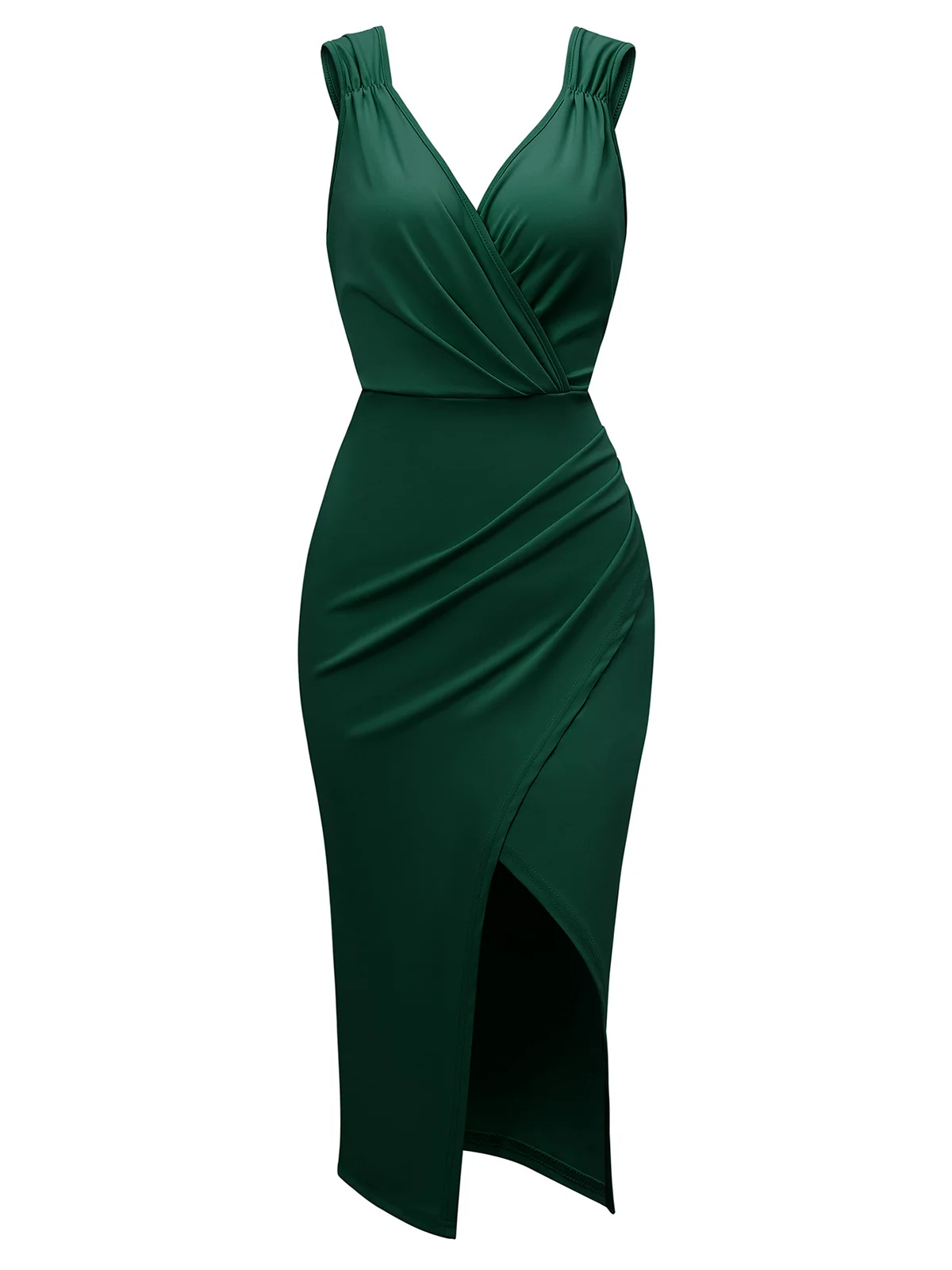 1960s Solid V-Neck Side Slit Bodycon Dress - Image 7