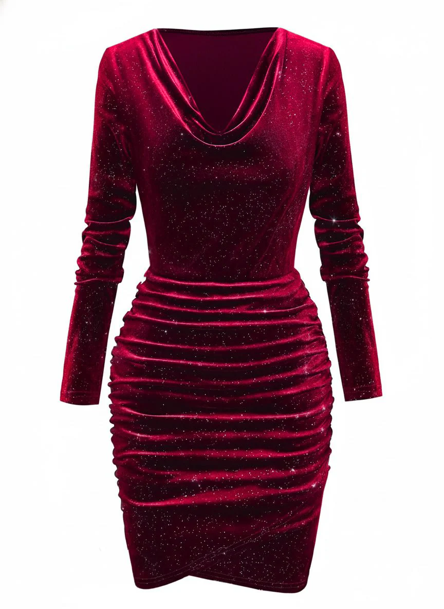 1960s Solid Velvet Long Sleeve Cowl Neck Dress - Image 10