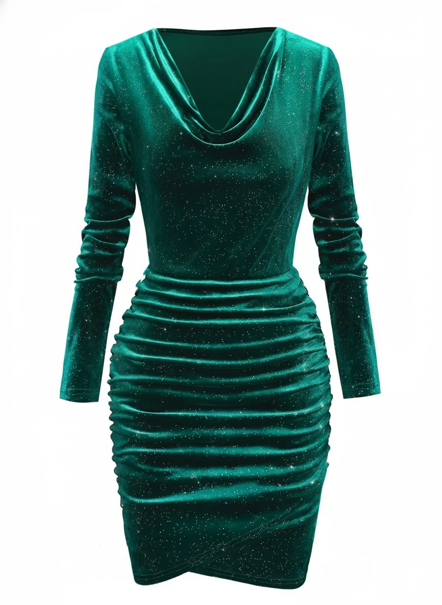 1960s Solid Velvet Long Sleeve Cowl Neck Dress - Image 2