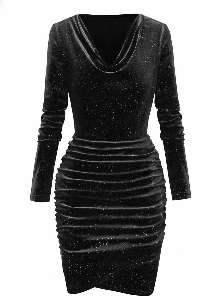 1960s Solid Velvet Long Sleeve Cowl Neck Dress - Image 8