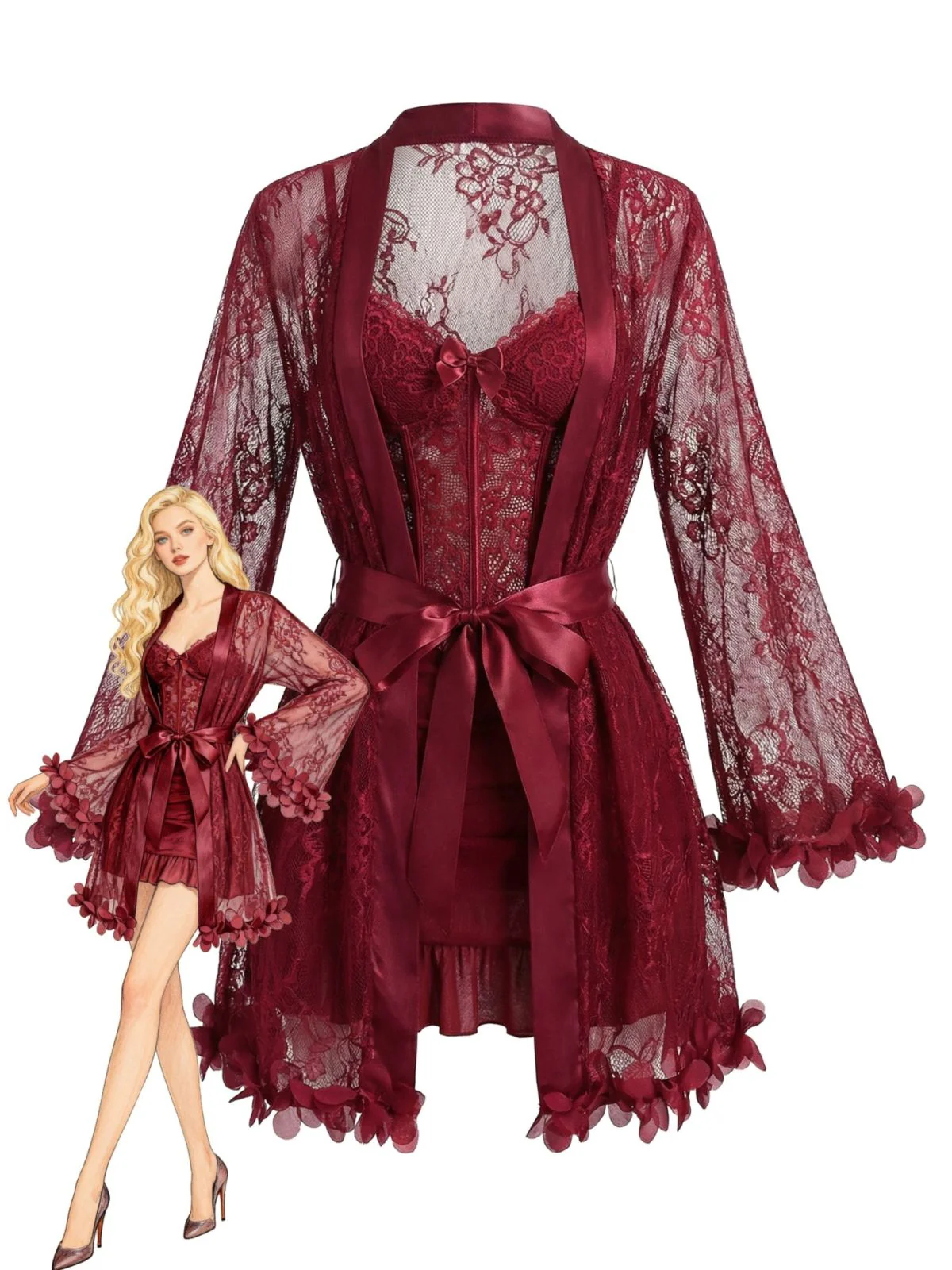 1960s Spaghetti Strap Lace Belted Sleepwear Set - Image 6