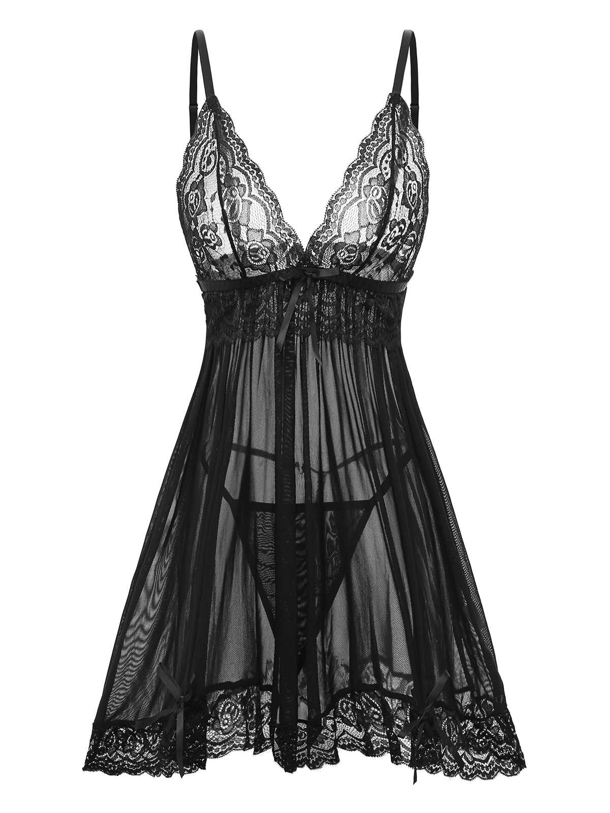 1960s Spaghetti Strap Lace Sheer Babydoll Lingerie Set - Image 2