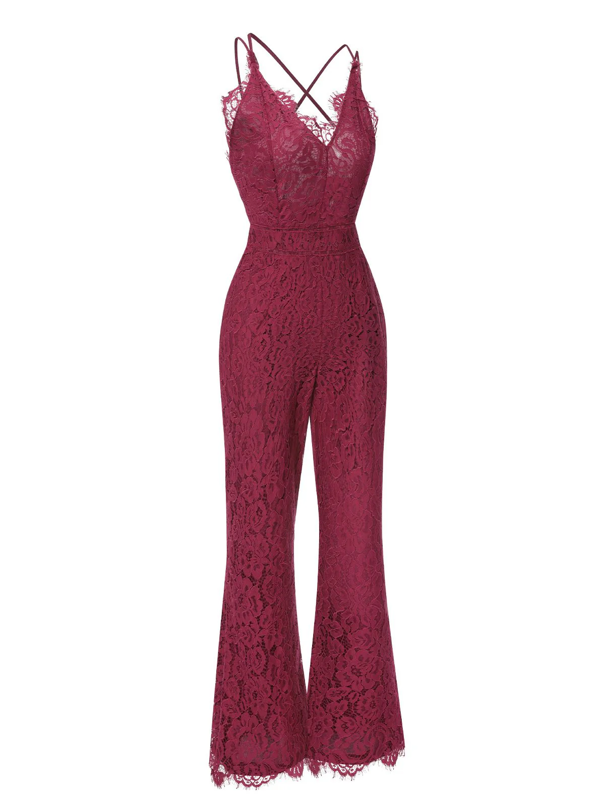 1960s Spaghetti Strap V-Neck Lace Jumpsuit - Image 2