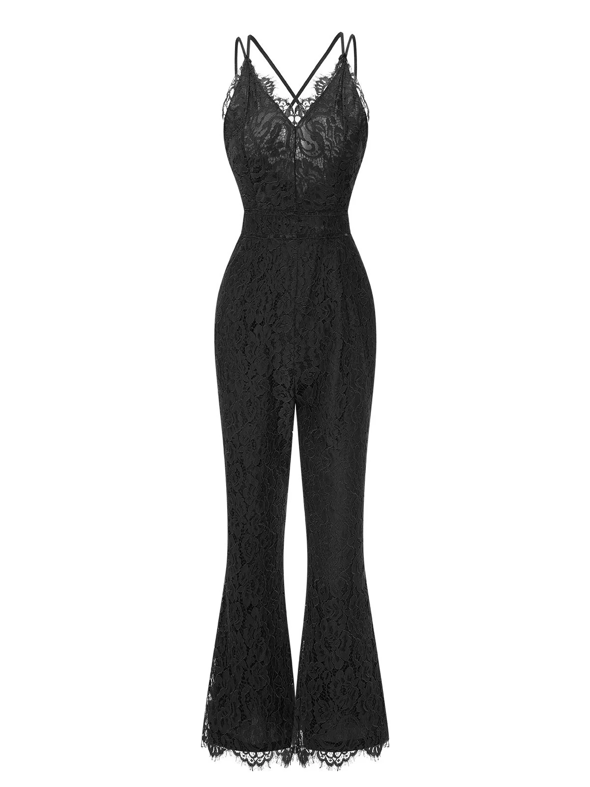 1960s Spaghetti Strap V-Neck Lace Jumpsuit - Image 6