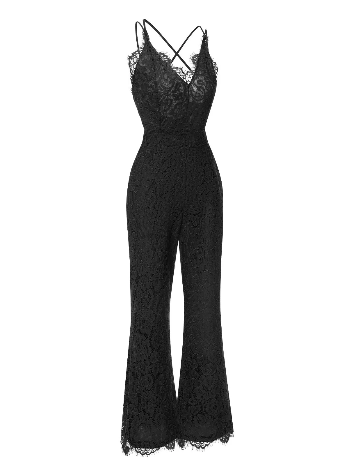 1960s Spaghetti Strap V-Neck Lace Jumpsuit - Image 7