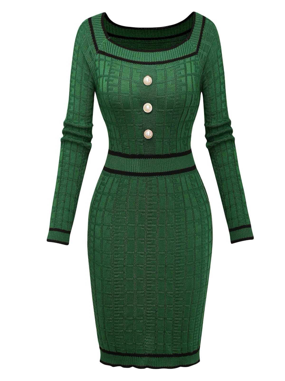 1960s Square Neck Pearl Button Knitted Dress - Image 2