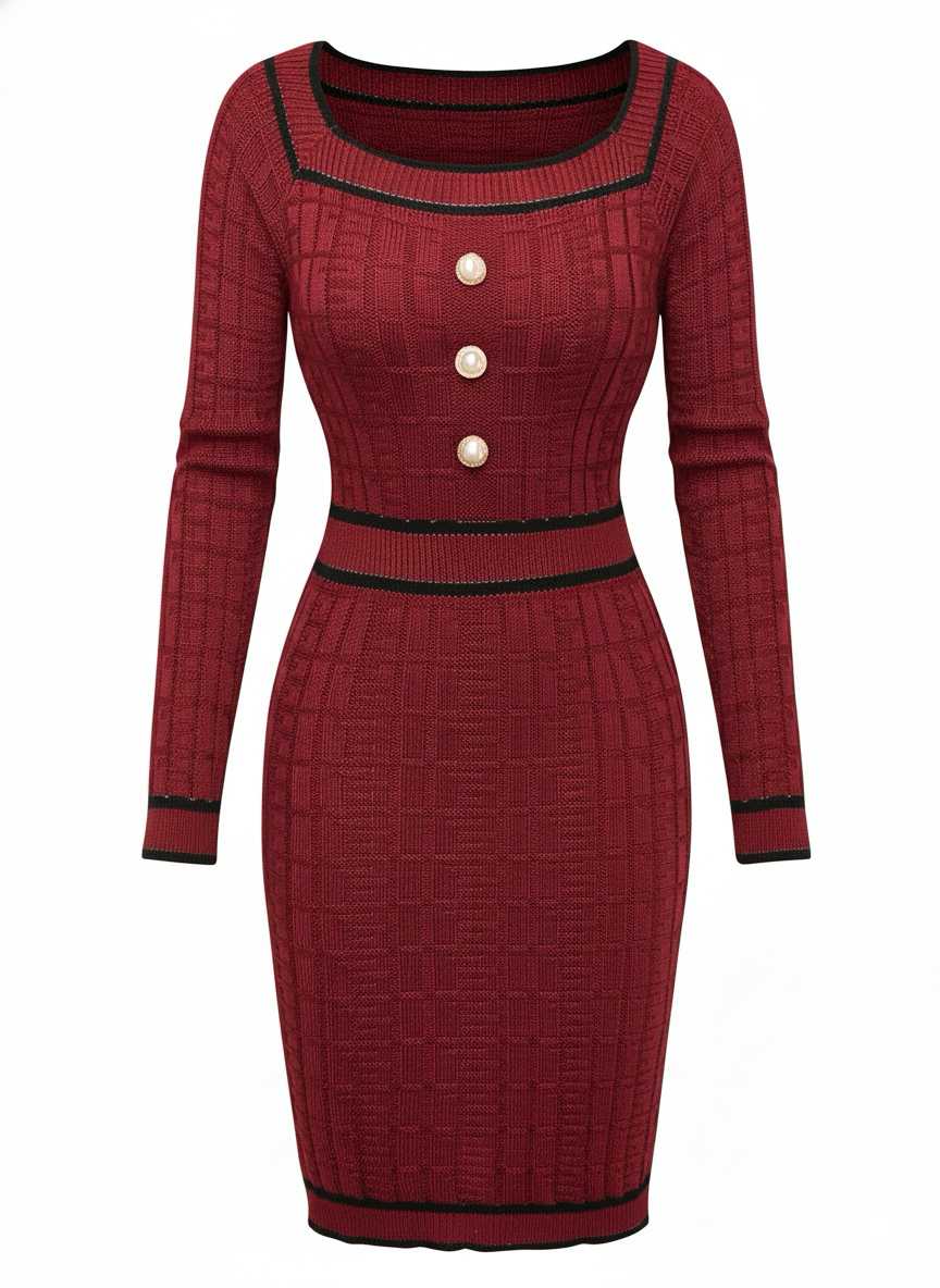 1960s Square Neck Pearl Button Knitted Dress - Image 8