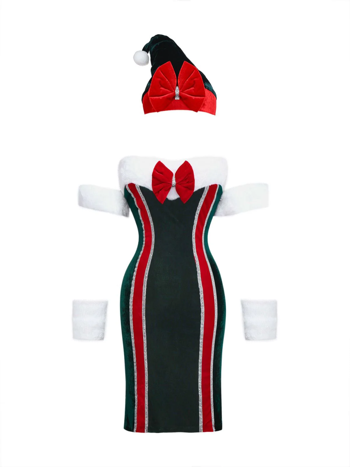 1960s Strapless Velvet Christmas Fur Trim Bow Dress Set - Image 2